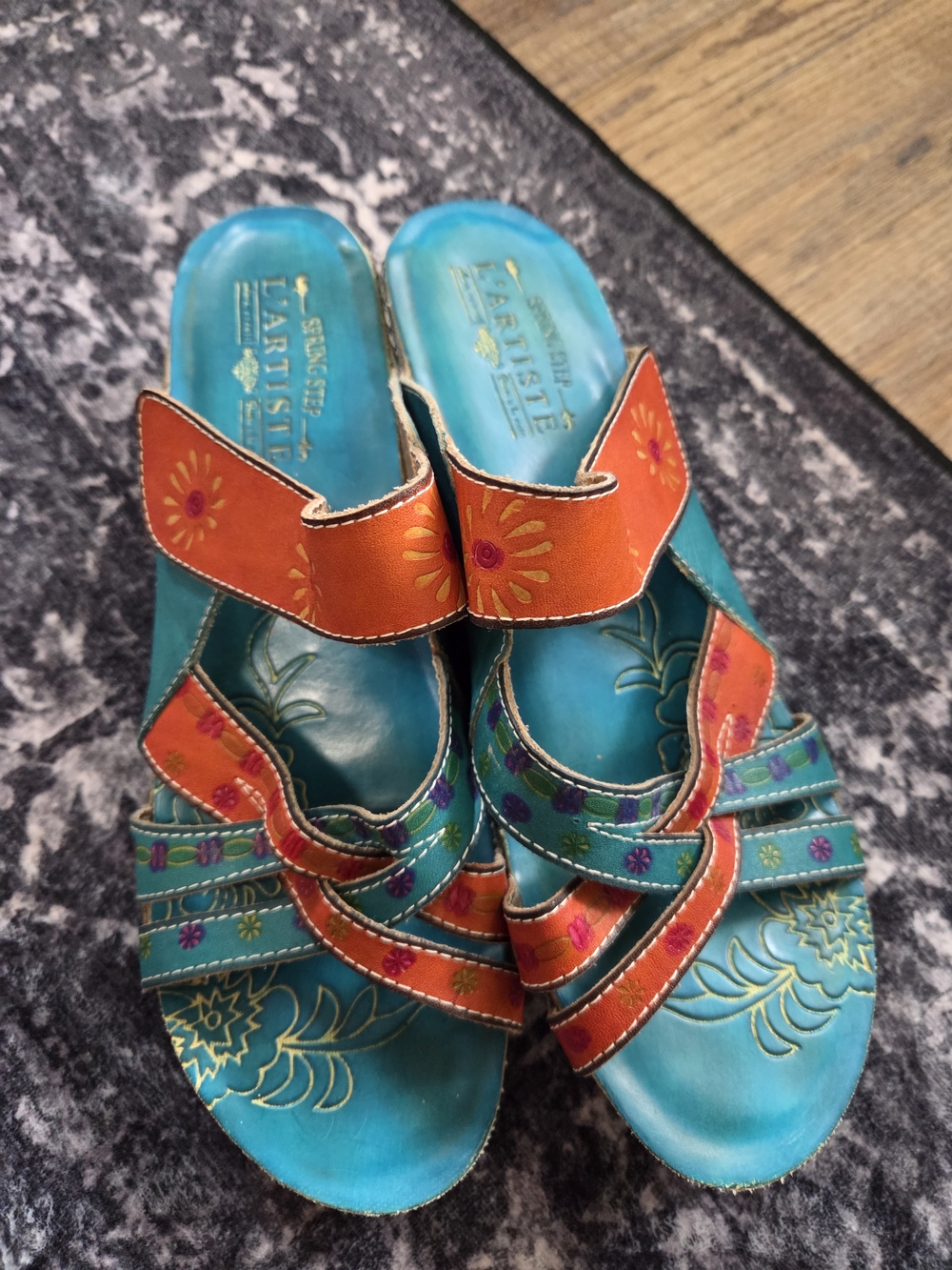 L'ATISTE Teal and Orange Floral Multi-Strap Slide Sandals